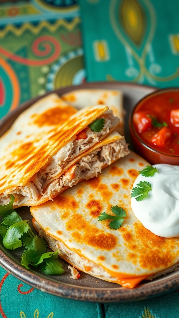 Golden brown chicken quesadilla wedges with melted cheese, served with salsa and sour cream.